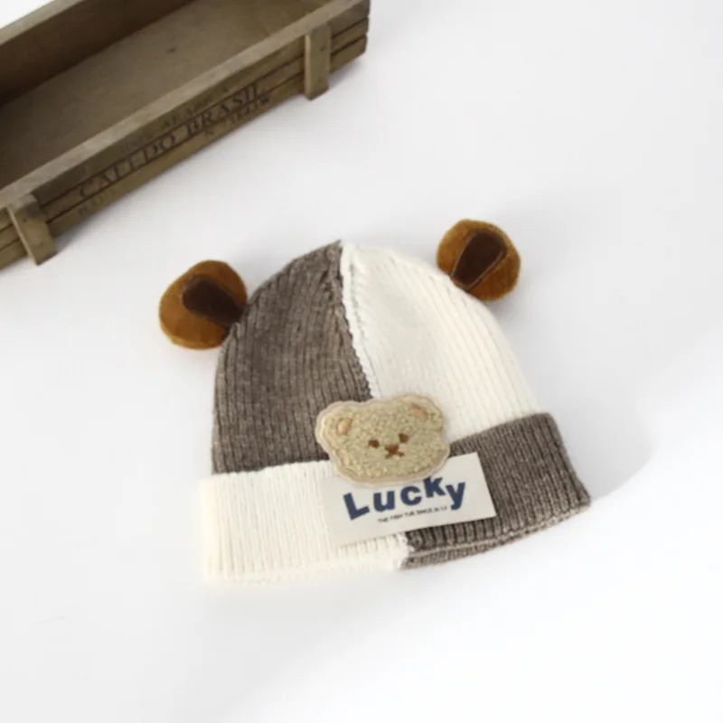 Winter Baby Cartoon Beanie Cap Kids Cute Bear Ear Ear Protection Knitted Hat Boy Girls Warm Woolen Pullover Beanies Children