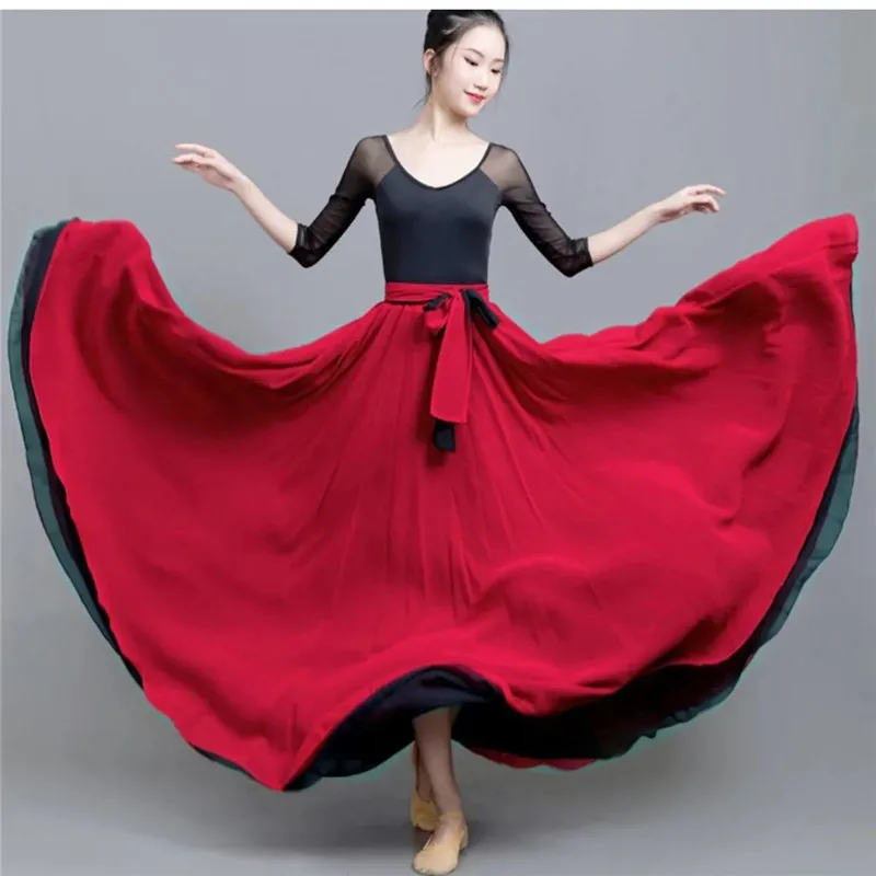 

Women Skirt 450 Degree Swing Chiffon Skirt Double Layered Double-Sided Dance Clothing Spring Summer Autumn Long Skirt Female