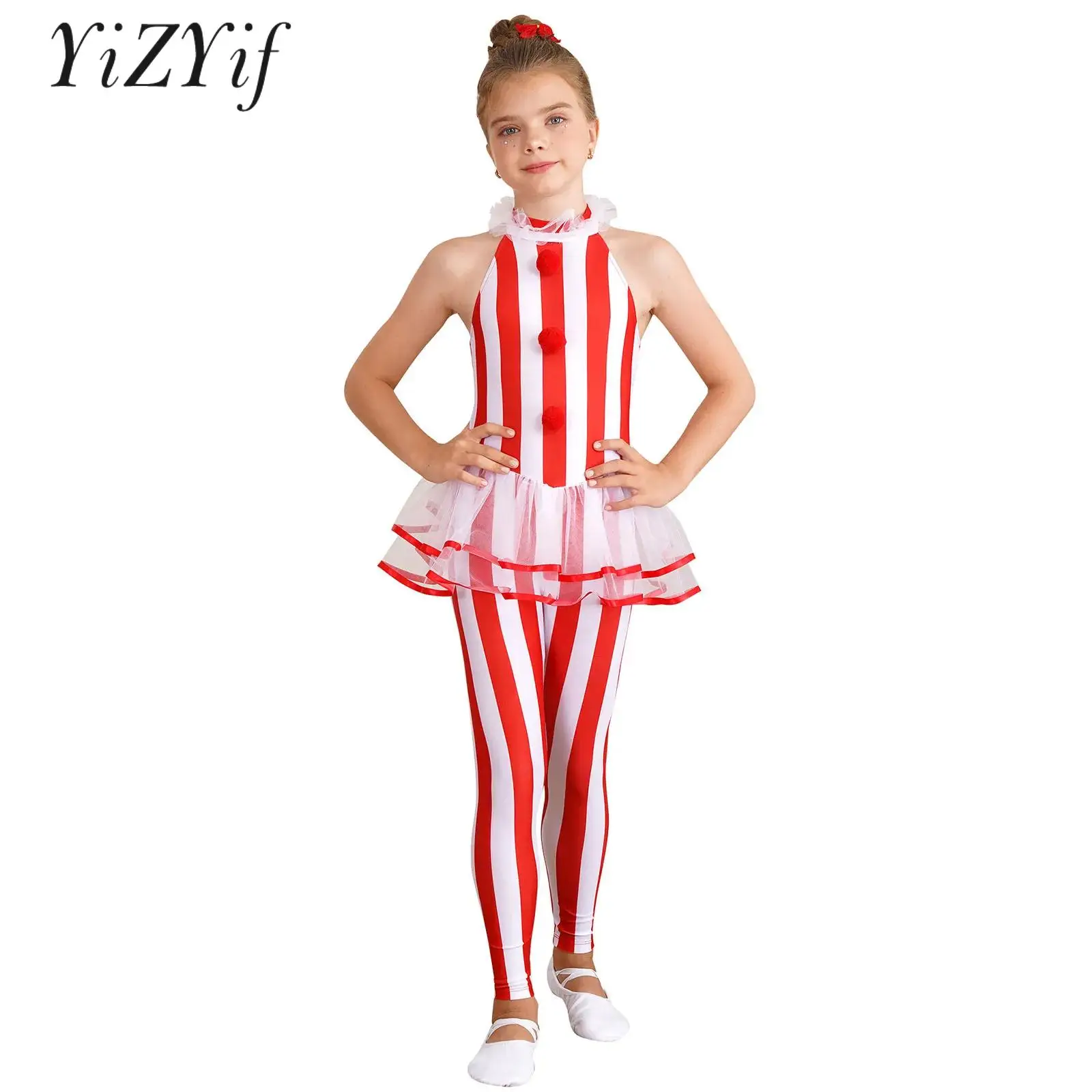 

Girls Christmas Candy Cane Print Jumpsuit Santa Claus Costume Halter Neck Long Skirted Unitard Performance Outfit Party Dress-Up