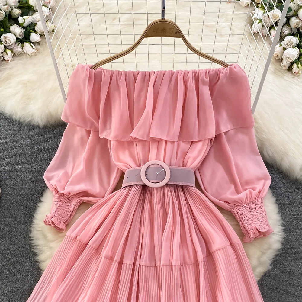 Women Vintage Off Shoulder Dress Chiffon Summer Sweet Lotus Leaf Edge Elegant Pleated Dresses Ladies Evening Party Long Dress