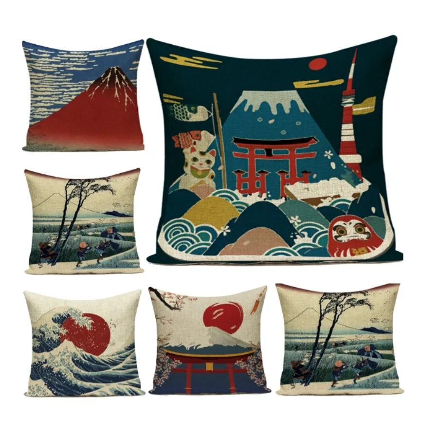 

Japan Mt Fuji Ukiyo-e Retro Cushion Cover Wave Painting Landscape Sunrise Mountain Patchwork Pillowcase 45x45 Natural F189