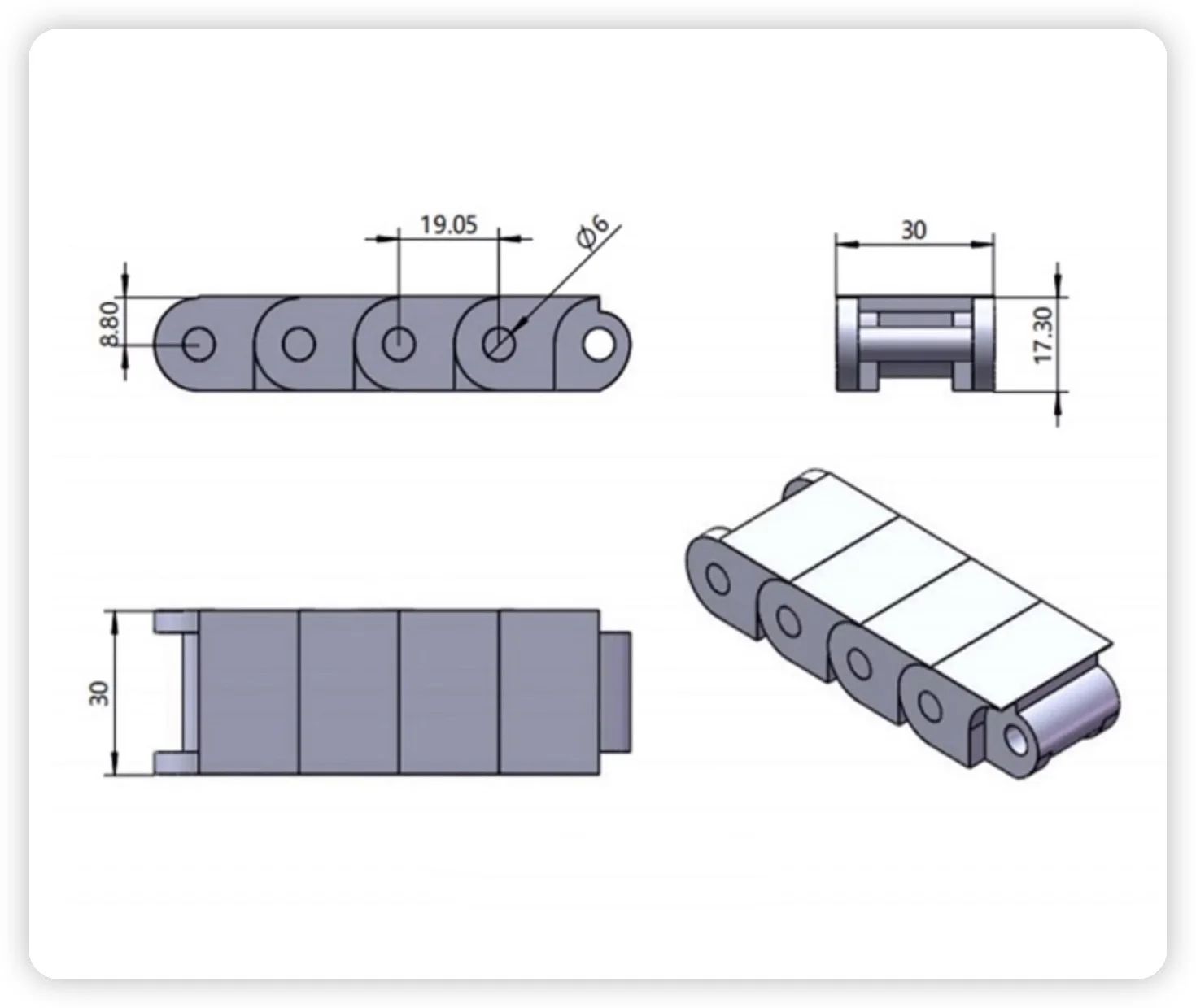 corrente plastica automatica 60p largura 30mm passo 1905mm 1m 01
