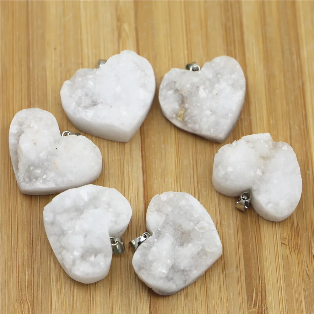 Hot Wire Heart Freeform Natural Stone Agates Druzys Pendant Necklace Handcrafted Plate AB Color for Fashion Jewelry Making 6PCS
