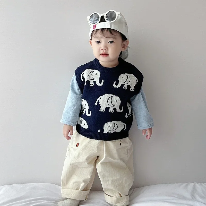 Children Clothing Fashion Casual Korean Style Boys Vest Autumn and Winter New Boy Baby Cartoon Cute All Match Knitted Vest
