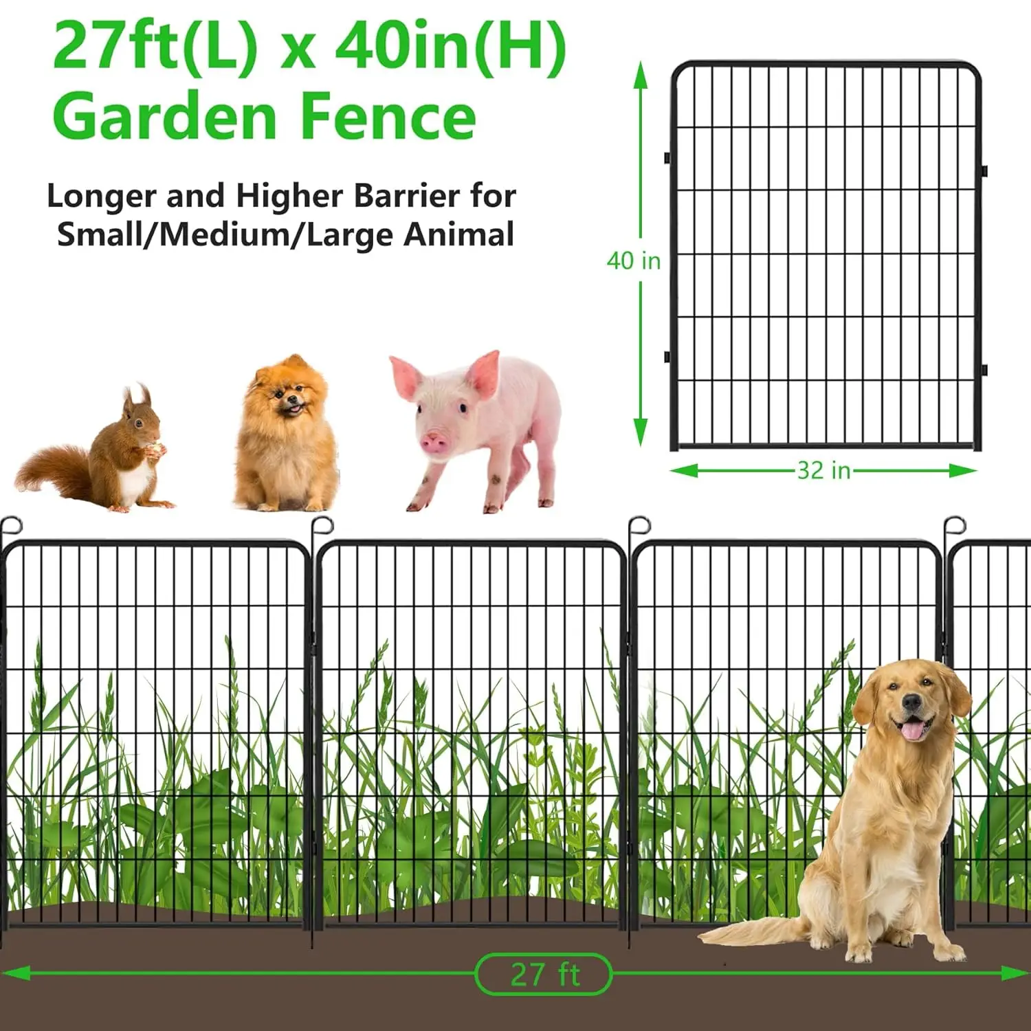 Metal Fence Panels Garden Fence with Gate, 40in(H) x 27Ft(L) Fencing for Dogs 10 Panels Dog Outdoor No Dig Garden Fencing