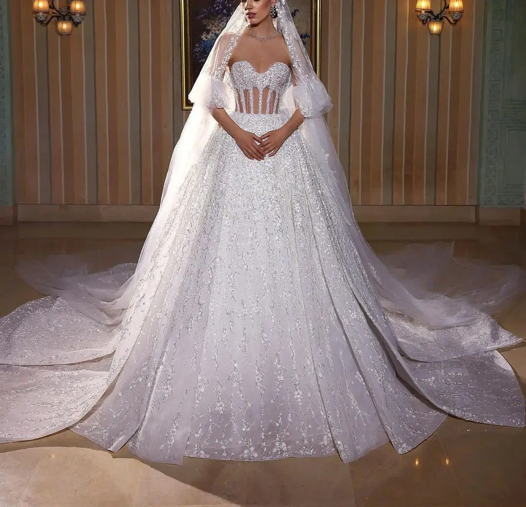 

Sexy Ball Gown Wedding Dresses Sleeveless V Neck Strapless Sequins Appliques 3D Lace RufflesPearls Bridal Gowns Vestina De Novia