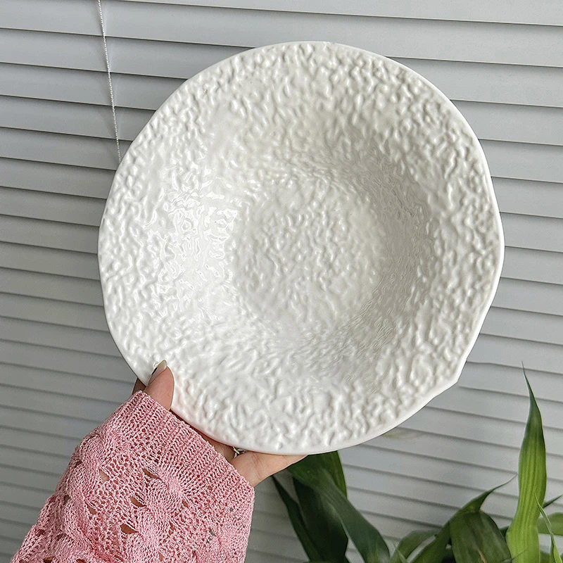 Embossed Ceramic Dinner Plate Light Luxury Creative White Deep Plate Household Dessert Salad Kitchen Tableware