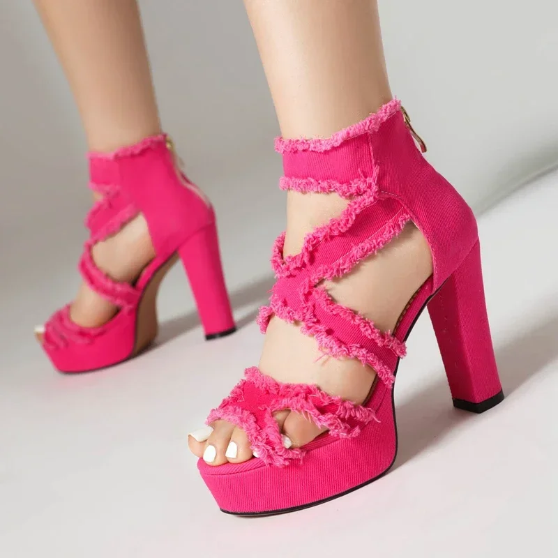 Sexy High-heeled Denim Jean Sandals Womens Sexy Peep Toe Platform Tassel Fringe Zipper Hollow Gladiator Sandals Summer Shoes 43