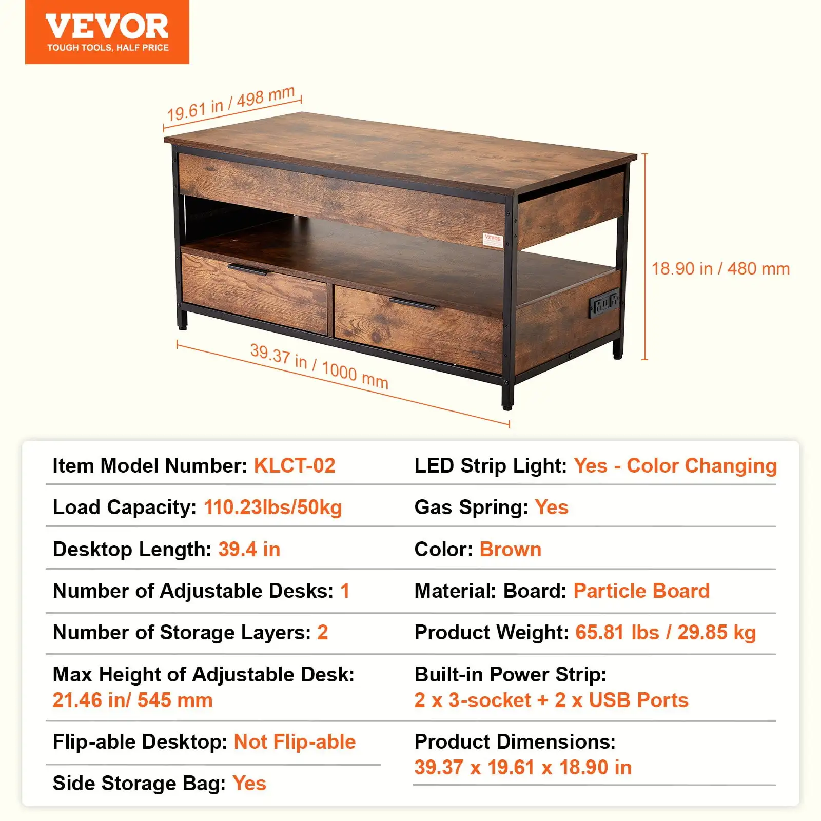 Lift Top Coffee Table - 39.4" Rectangle Coffee Table with Light & USB, Brown 5