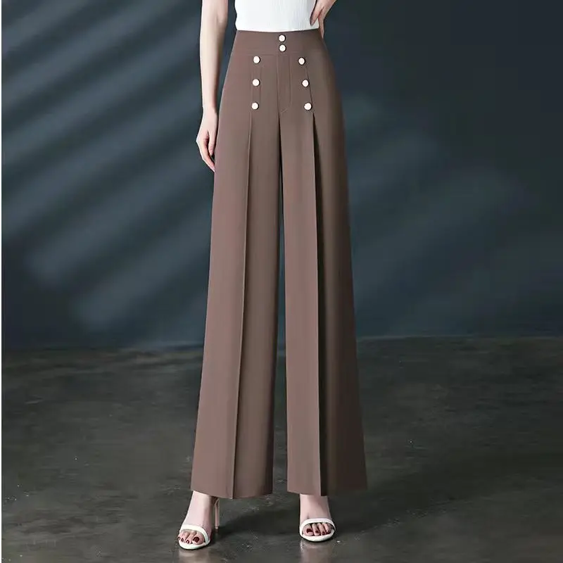 Fashion Summer Simple High Waist Casual Wide Leg Pants Women's Solid Patchwork Pockets Button Loose Versatile Straight Trousers