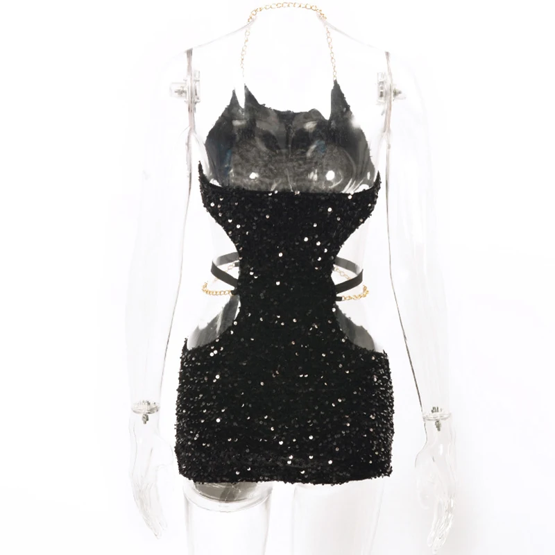 Summer Dress Women Sexy Shine Sequin Sleeveless Waist Cutout Metal Chain Halter Neck Dress 2000s Club Party Dresses