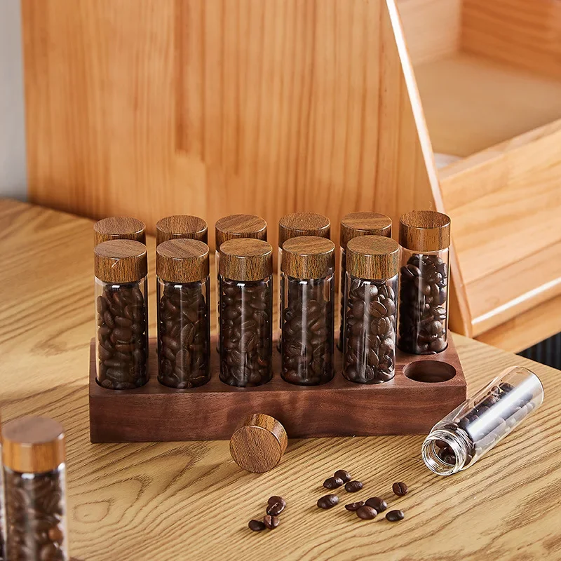

Coffee Bottle Walnut Display Rack Set Espresso Accessories Tube Coffeware Test Glass Sub-packed Beans Tea