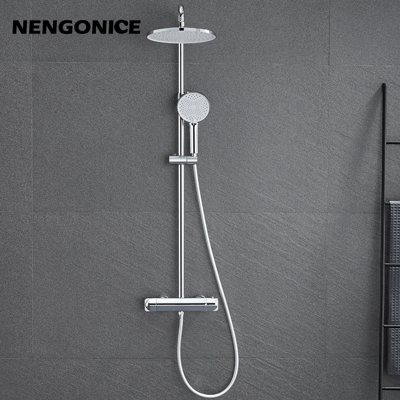 Chrome Thermostatic Shower Set Faucet Brass Temperature Bathroom System Mixer Tap Rain Head Wall-Mount Handheld Sprayer