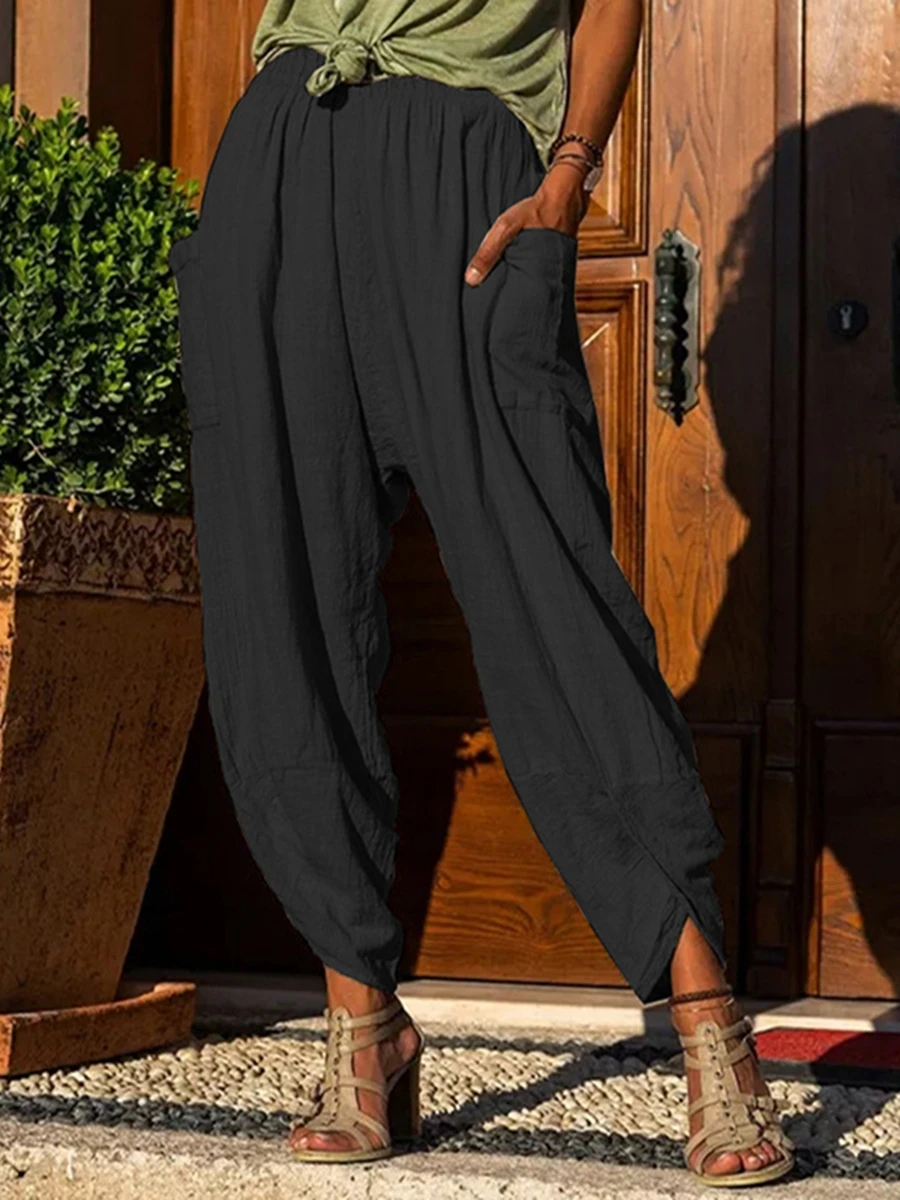 

Womens Pleated Flowy Pants Cotton Linen Drawstring Elastic Waist Harem Palazzo Trousers Yoga Trouser Streetwear
