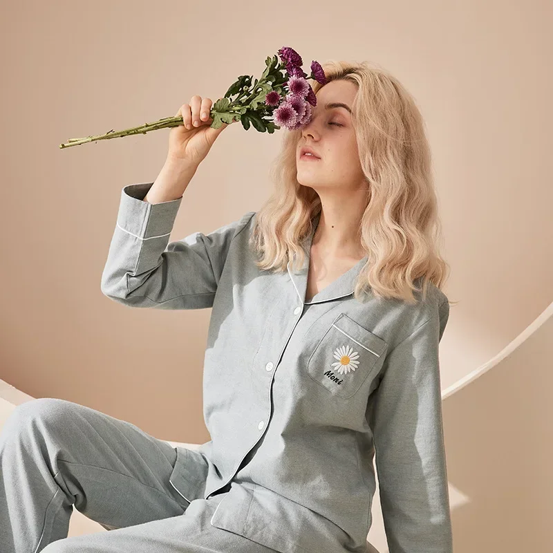 2022 Cotton Pajama Set Men and Women's Pajamas Ladies Lovers Lapel Solid Color Cardigan Homewear Cotton New Product Nightwear