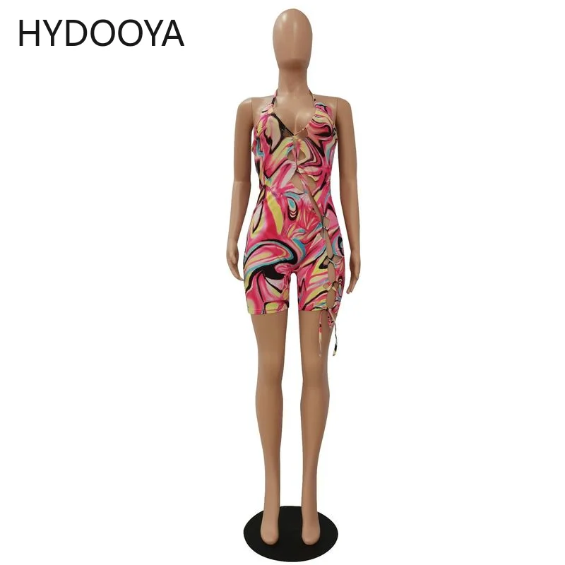 2022 Sexy Women Deep V-neck Jumpsuit Sleeveless Halter Backless Hollow Playsuit Rompers Sports Tie Dyeing Print Lace-up Jumpsuit