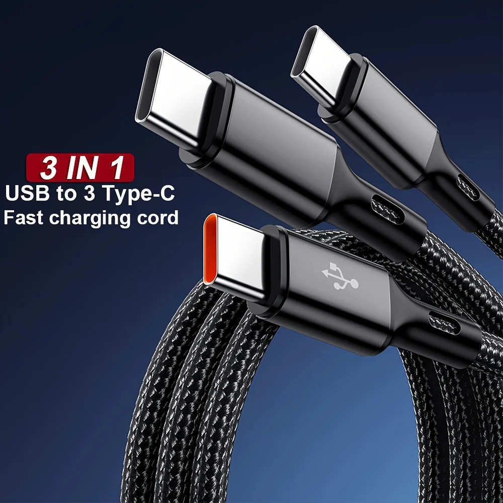 100W USB Fast Charging Cable 6A 3 in 1 USB Type C Data Cord For Samsung Xiaomi Huawei Vivo OPPO Redmi Quick Charge USB C Cables