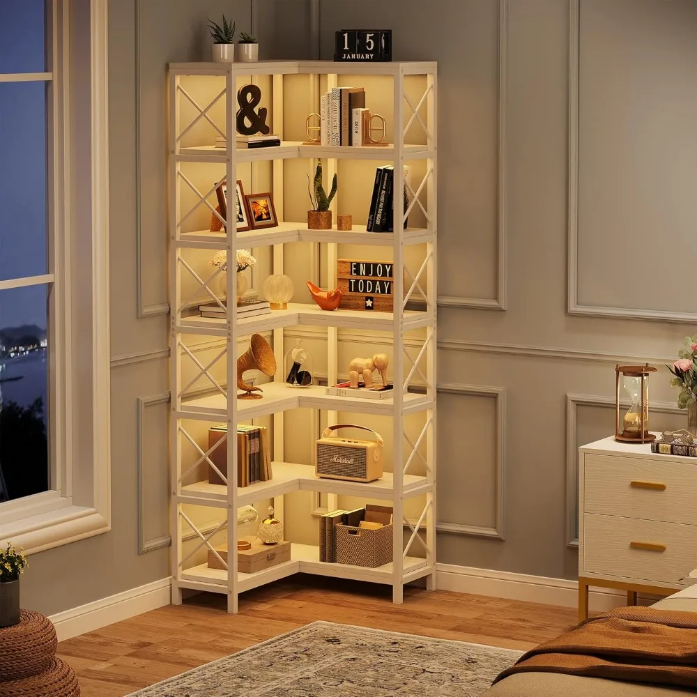 7-Shelf Corner Bookshelf,Large Modern Corner Bookcase, 7-Tier Tall Corner Shelf Storage Display Rack with Metal Frame for Livin 4