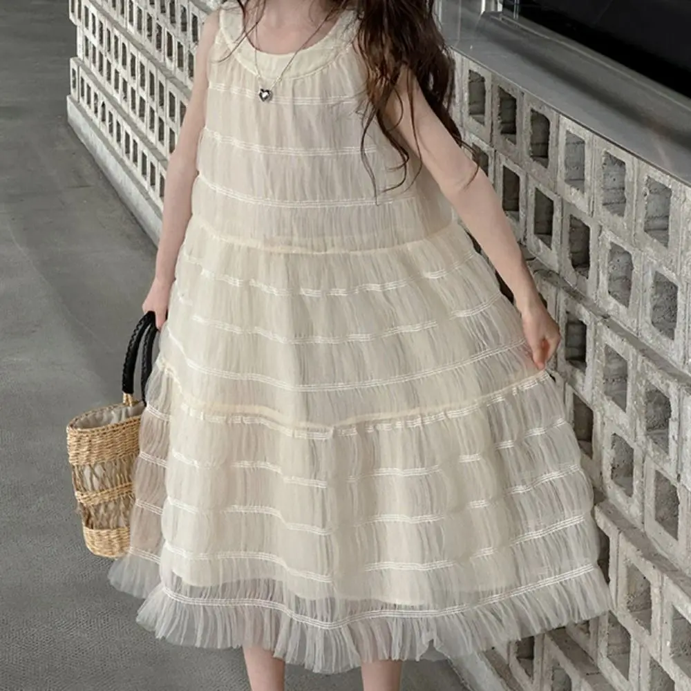 Elegant Loose Girls Princess Dress Children Beach Vacation Summer Mesh Dress Party Sweet Teens Long Dress Party