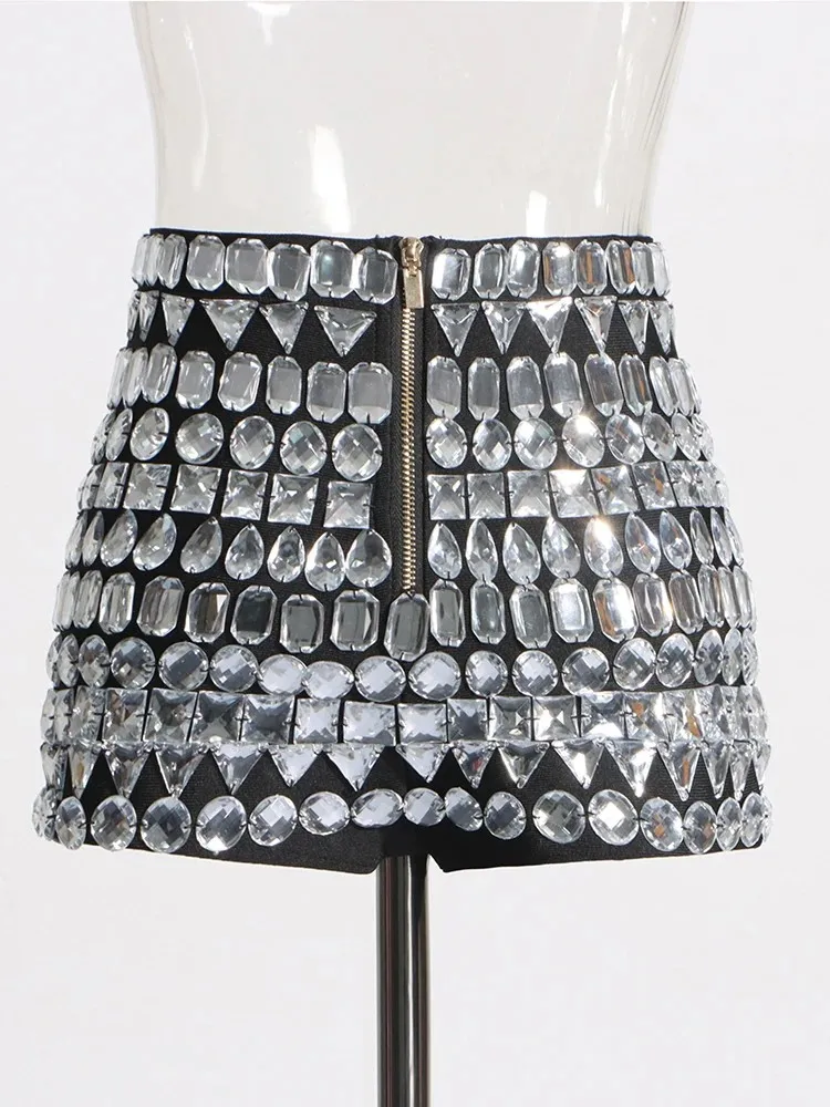 TWOTWINSTYLE Patchwork Diamonds Designer Shorts For Women High Waist Spliced Zipper Temperament Short Pants Female Fashion New