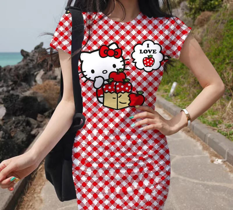 

Summer Hello Kitty cartoon print dress New women's short sleeve outdoor sports sexy tight mini short one-piece beach dress