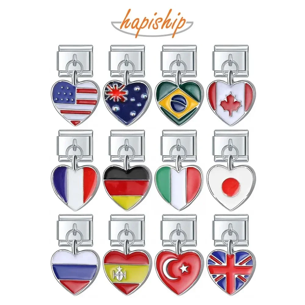 Fashion Sweet Romantic Heart World National Flag Italian Links Charm Fit Stainless Steel Bracelet Jewelry Making charm bracelet