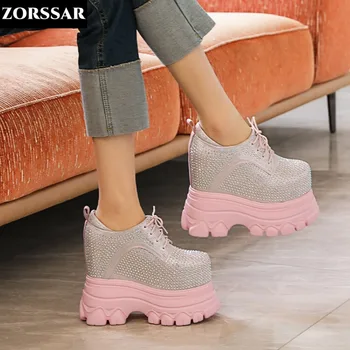 16cm Genuine Leather Platform Wedge Chunky Sneaker Hidden Heels Casual Rhinestone Spring Autumn High Brand Vulcanize Shoes