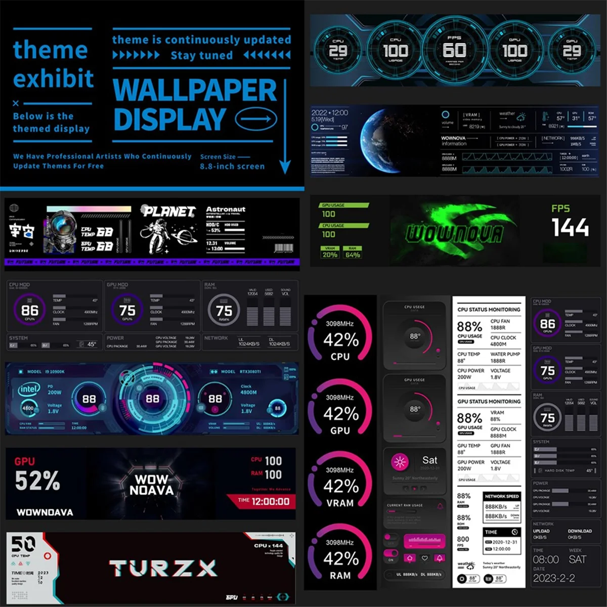 SWXF 8.8인치 컴퓨터 온도 모니터(동적 테마 지원), IPS 유형 C 보조 화면 CPU RAM HDD 데이터 FPS 모니터 흰색