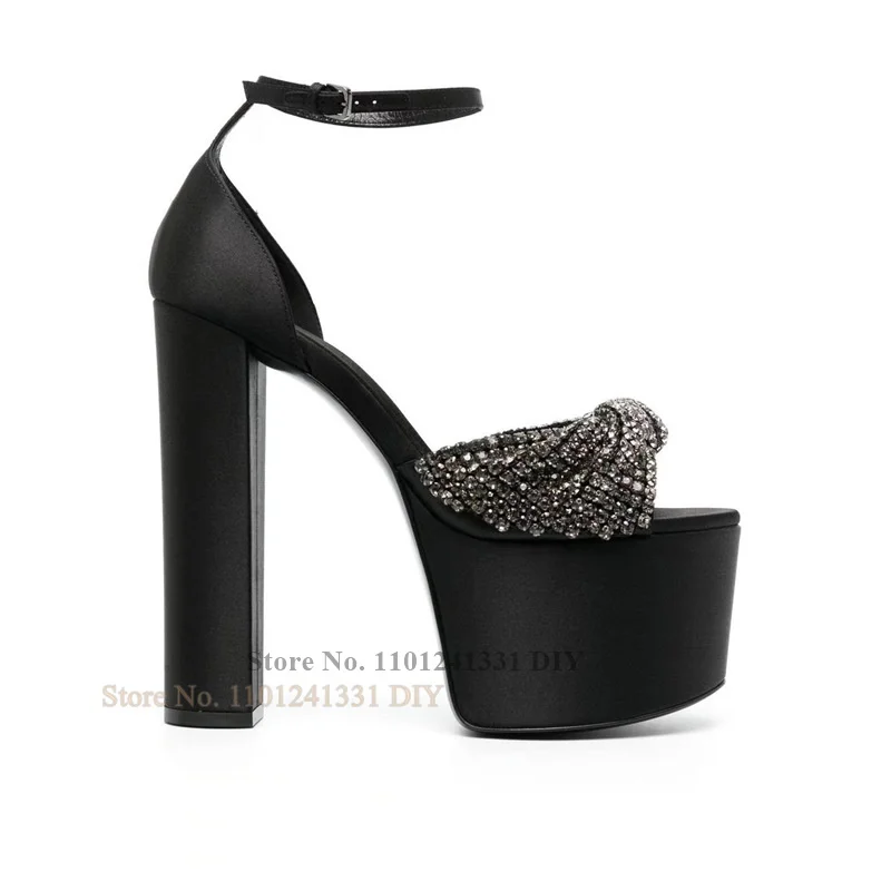 

Satin Platform High Heel Sandals with Scattering Crystals Ankle Strap Twist Shoes Women Chunky Heeled Party Shoes