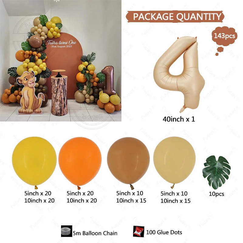 thumbnail image 1 of Kit de arco de globos para fiesta con temática del Rey León de Disney, 143 piezas, globo de látex de color amarillo, naranja y café para decoración de fiestas de cumpleaños de niños, 1 of 5