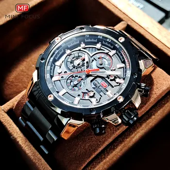 MINI FOCUS Dress Watch Men Chronograph Quartz Wristwatch with Black Stainless Steel Strap Luminous Hands Date Waterproof 0401