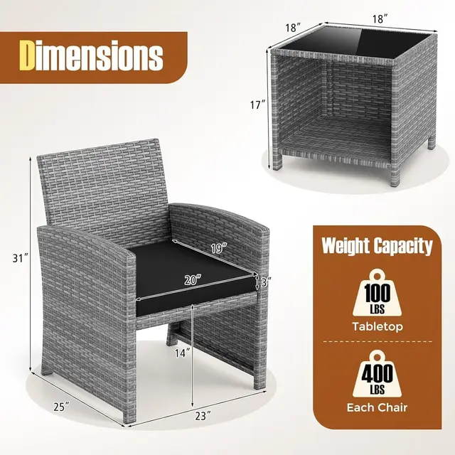 3-Piece Outdoor Wicker Bistro Set with Cushions, Black Rattan Patio Furniture for Porch, Backyard, Balcony 6