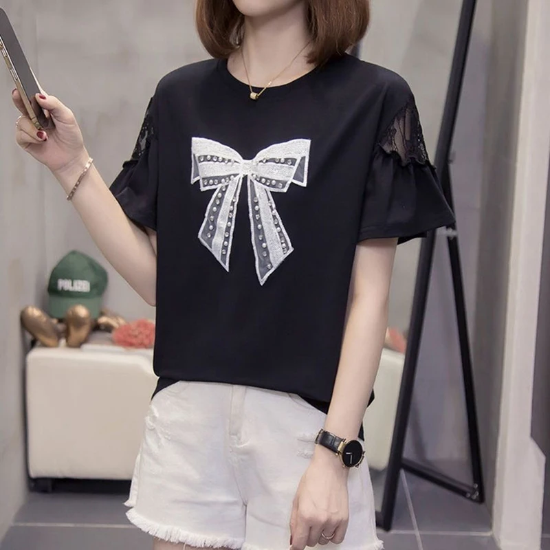 

Fashion Beading Lace Ruffles Hollow Out Bow Blouse Women's Clothing 2023 Summer New Oversized Casual Tops Butterfly Sleeve Shirt
