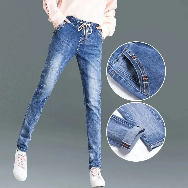 Spring Fall Pencil Jeans Women's Casual High Waist Denim Harem Pants Vintage Lace Up Big Size 26-34 Stretch Vaqueros Pantalones