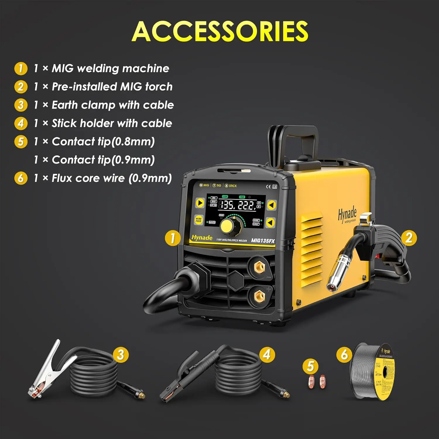 135A MIG Welder 110V Flux Core MIG Welde/Lift TIG/Stick 3 in 1 Gasless MIG Welding Machine 110v Portable Welder 6