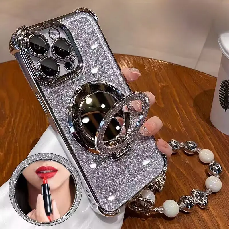 Glitter Make Up Case with Magsafe Holder and Pearl Chain Design