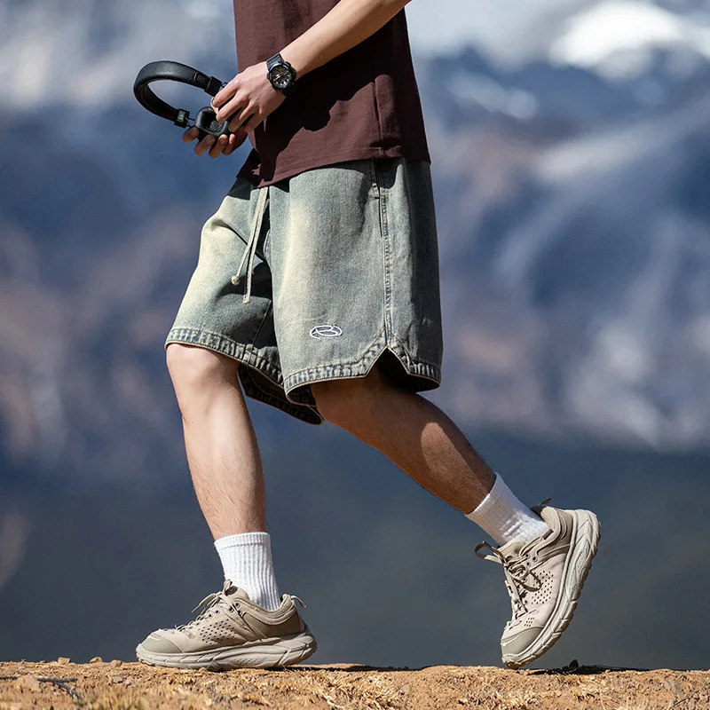 Distressed wash cargo denim shorts embroidered casual loose drawstring cropped streetwear pants