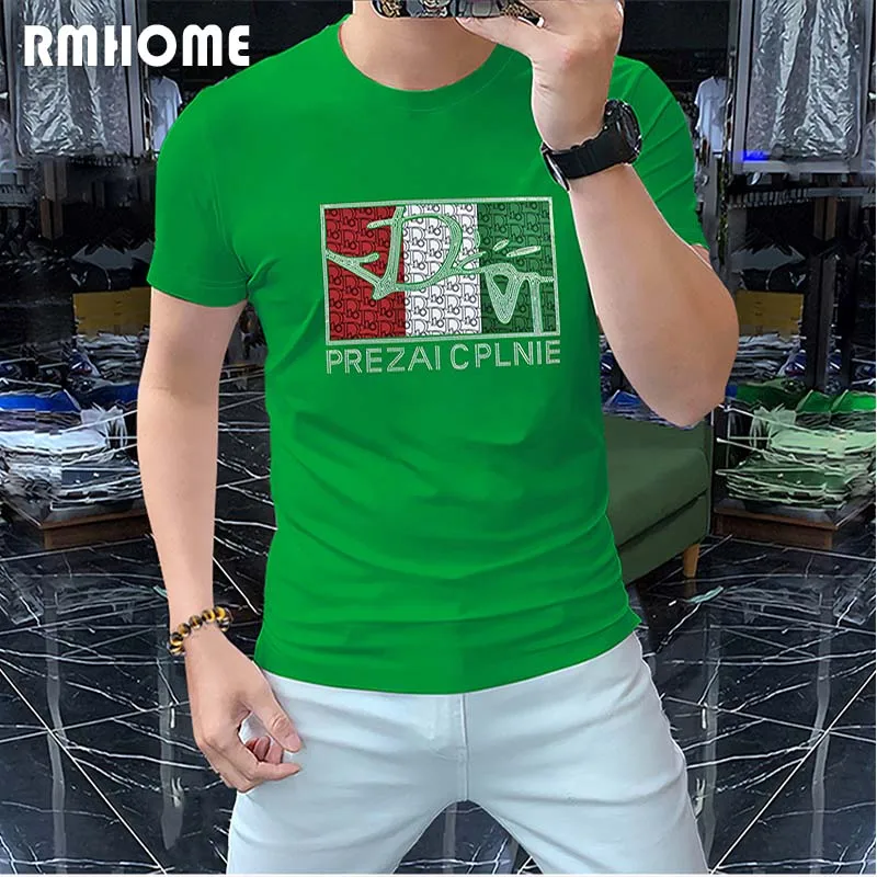 Men's Summer T-shirt New Designer Personalized Trend Mercerized Cotton  Large V-Letter Hot Diamond Slim Casual Male Tees Clothing