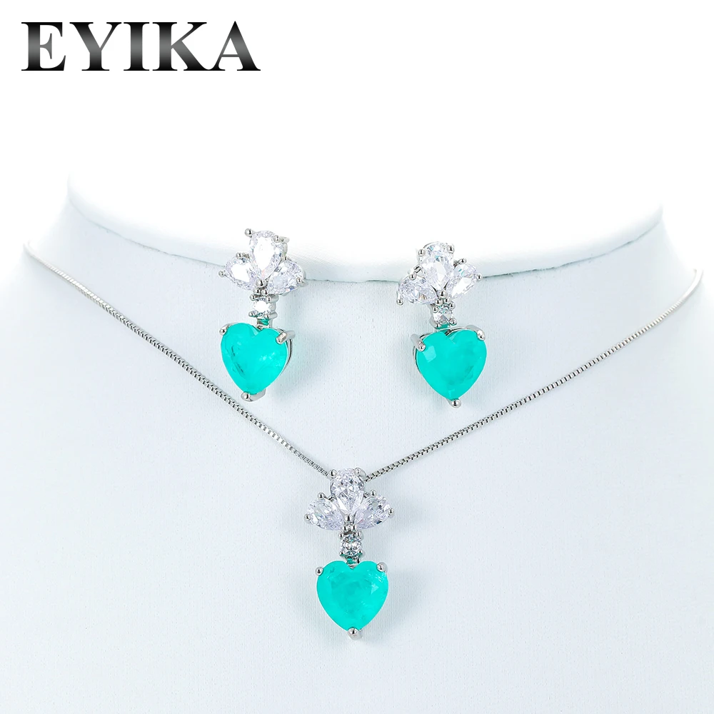 

EYIKA Temperament Heart Shape Blue Paraiba Tourmaline Earrings Necklace for Women Natural Stone Zircon Wedding Jewelry Set Gift
