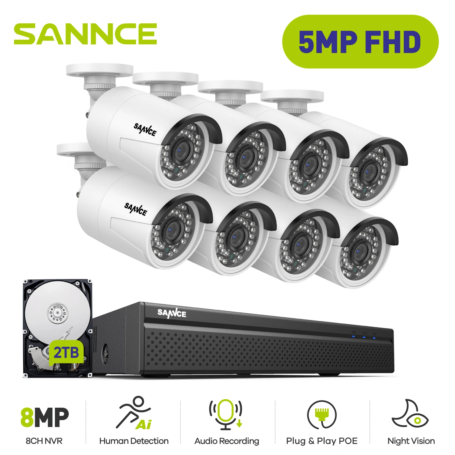 Security Camera Smart Outdoor Camera SANNCE 5MP Outdoor Surveillance Camera System 8MP NVR IR Night Vision Waterproof POE Video Security Protection Cameras CCTV Kit