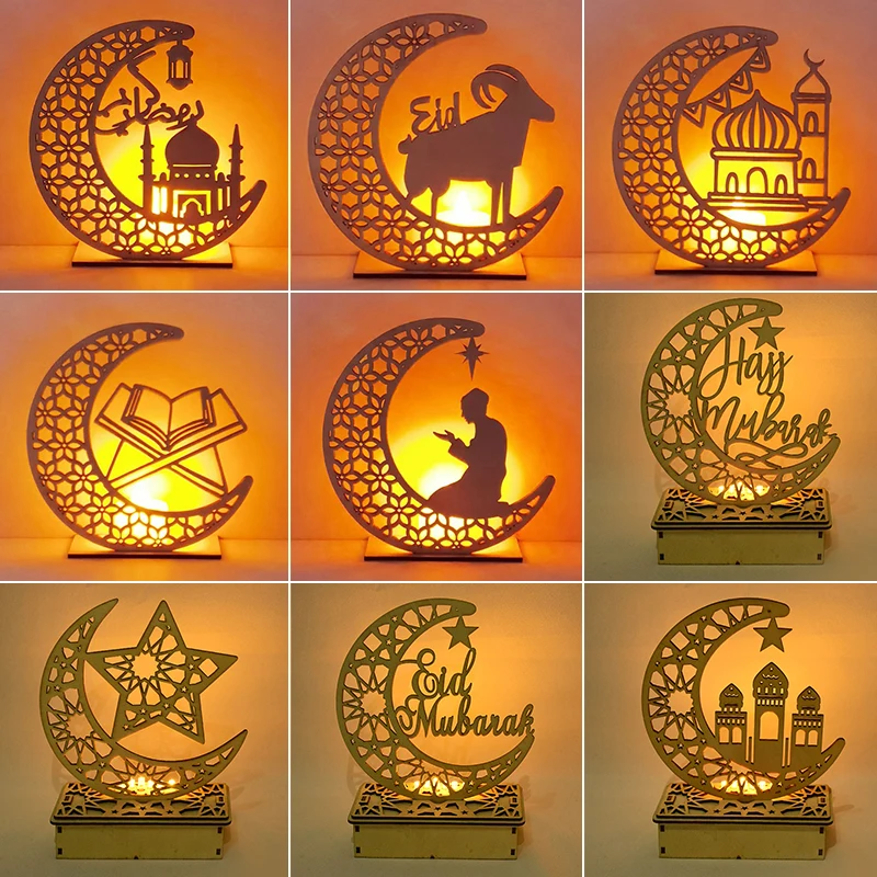 

Eid Mubarak Wooden Ornaments with LED Light Ramadan Decorations Wooden Pendants Islamic Muslim Party Supplies Eid Al Adha Gifts