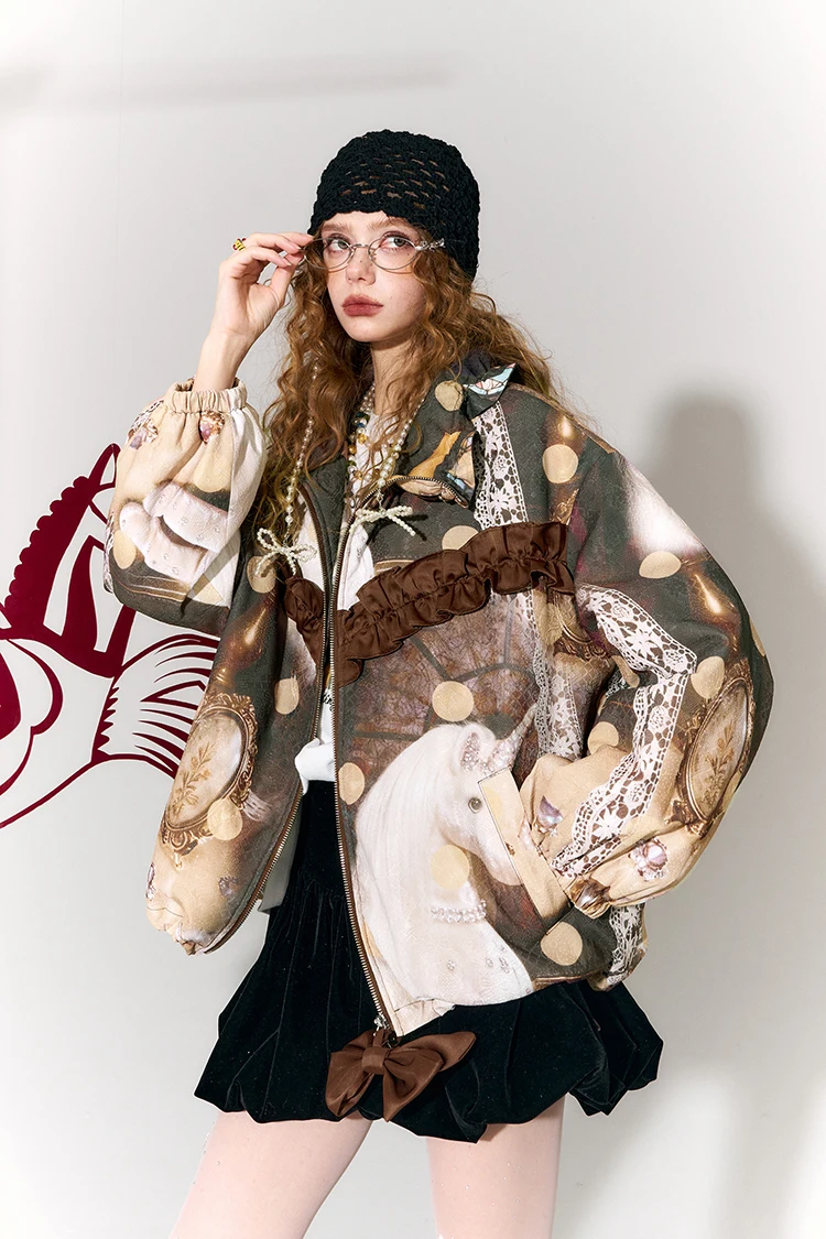 ELFSACK Magical Unicorn Jacket for Women – Cute Ruffled Bow, Lace & Polka Dot Design, Cozy Winter Streetwear Coat