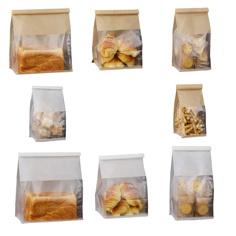 4 크기 10-50pcs 토스트 가방 포장 가방 셀프 씰링 빵 가방 와이어 압연 가장자리 베이킹 투명 비스킷 케이크 가방 봉인 된 차