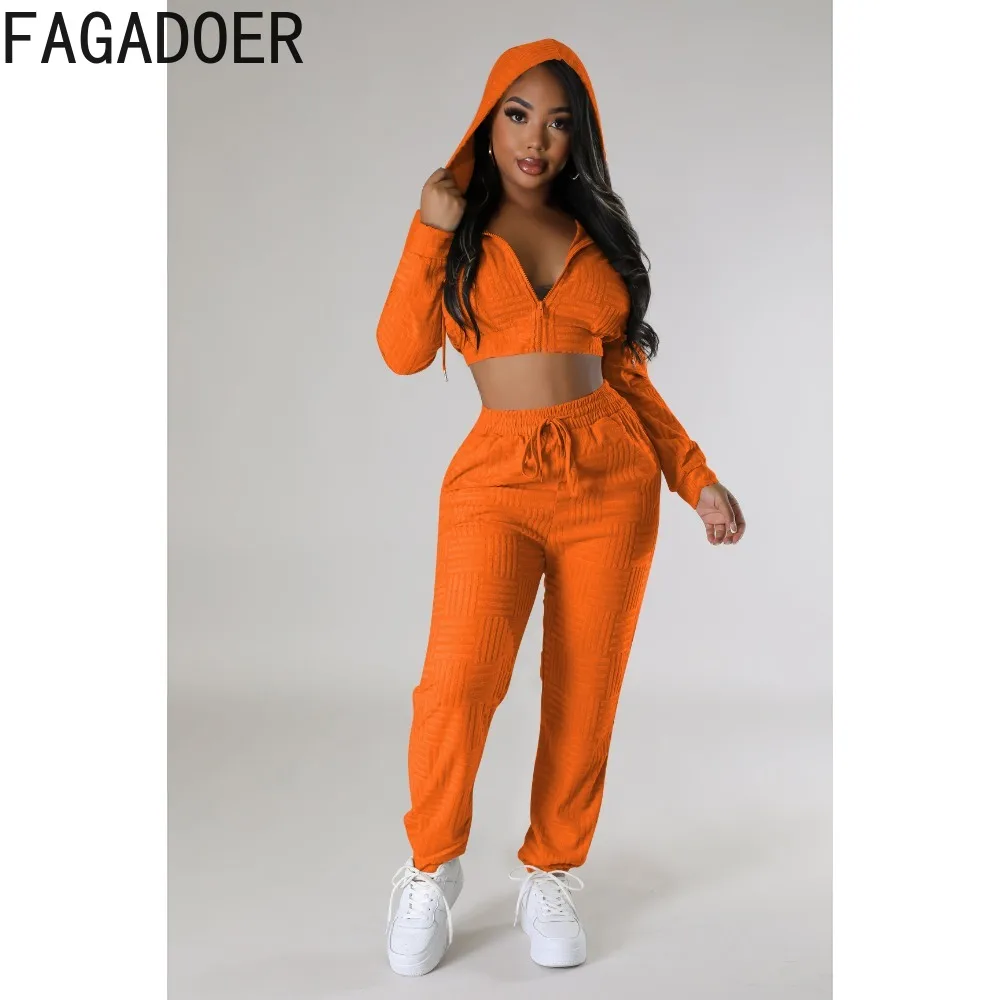 FAGADOER Fashion Velvet Hooded Jogger Pants Sets Women Zipper Long Sleeve Crop Top + Pants Two Piece Outfit Casual 2pcs Clothing korean luxury clothing set woman 2 pieces pants and top velvet two piece single breasted business casual elegant suit dress sets