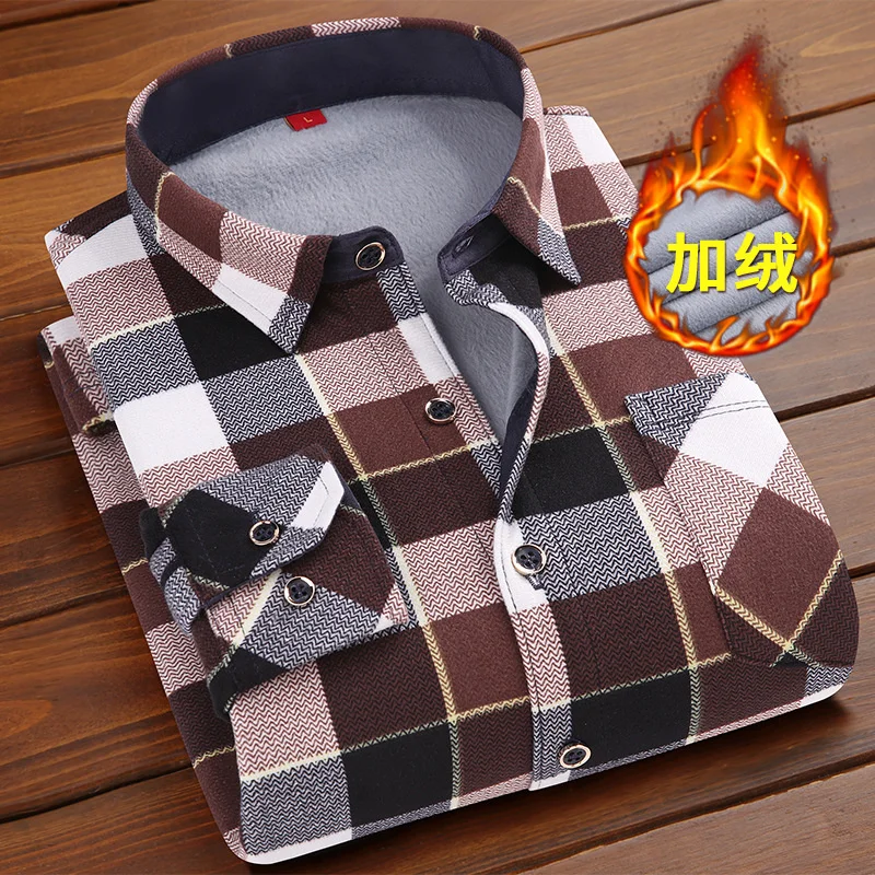 Men's Winter Velvet Thickened Thermal Plaid Warm Shirt Fashion Long Sleeve  Button-down Collar Shirts For Men Clothing