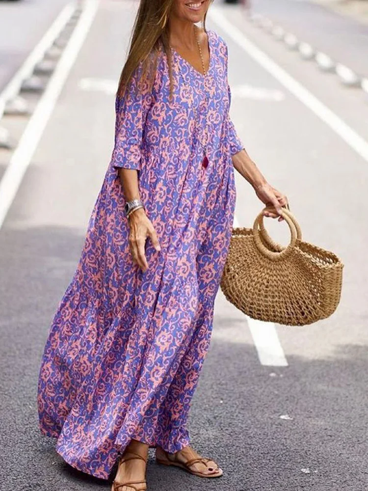 Ladies Fashion Half Sleeve Long Pullover Dress Vintage Printed Women Long Dress 2022 Spring Summer V-Neck Casual Maxi Dresses