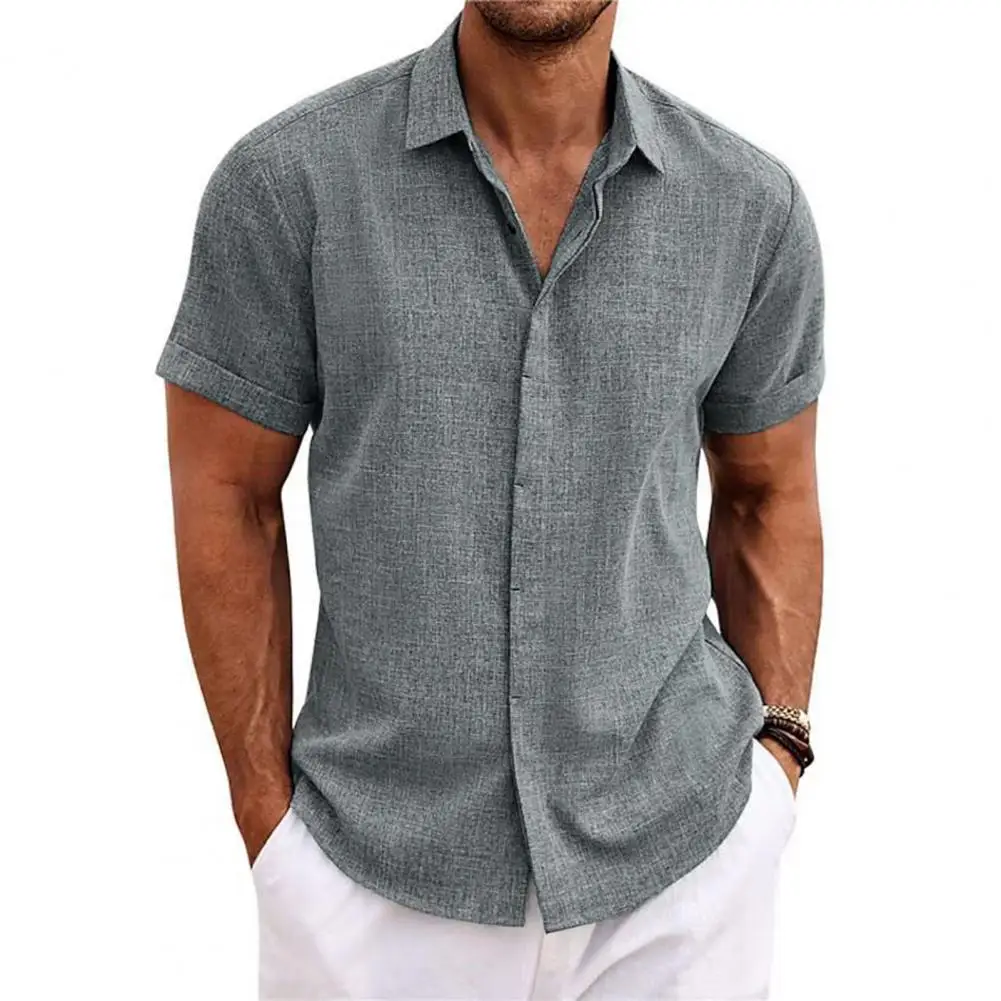 Short Sleeve Shirt Men's Casual Loose Fit Short Sleeve Lapel Shirt with Solid Color Buttons Placket Lightweight Summer for Male 6