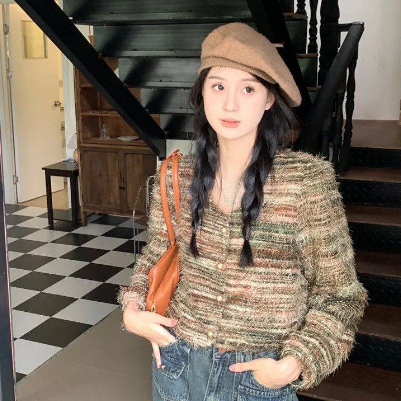 여성용 긴팔 니트 재킷, 용수철 레트로 외투, 슬림 패션 가디건, 상의, 작은 향기로운 바람 기질 코트, 2024 신상