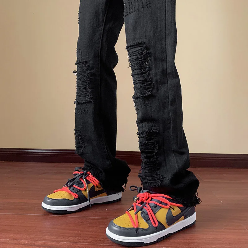 Jeans men's ripped pants American high street trendy slim fit versatile straight leg micro flared pants men 4
