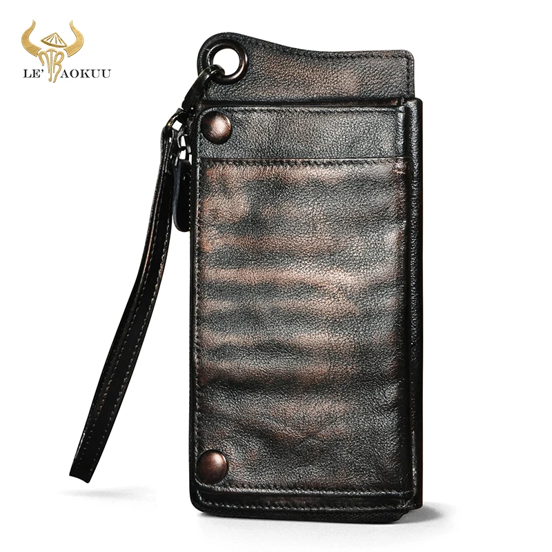 

Hot Sale Luxury Men Thick Natural leather Design Male Vintage Travel Card Case Organizer Chain Wallet Checkbook Purse Snap ck001